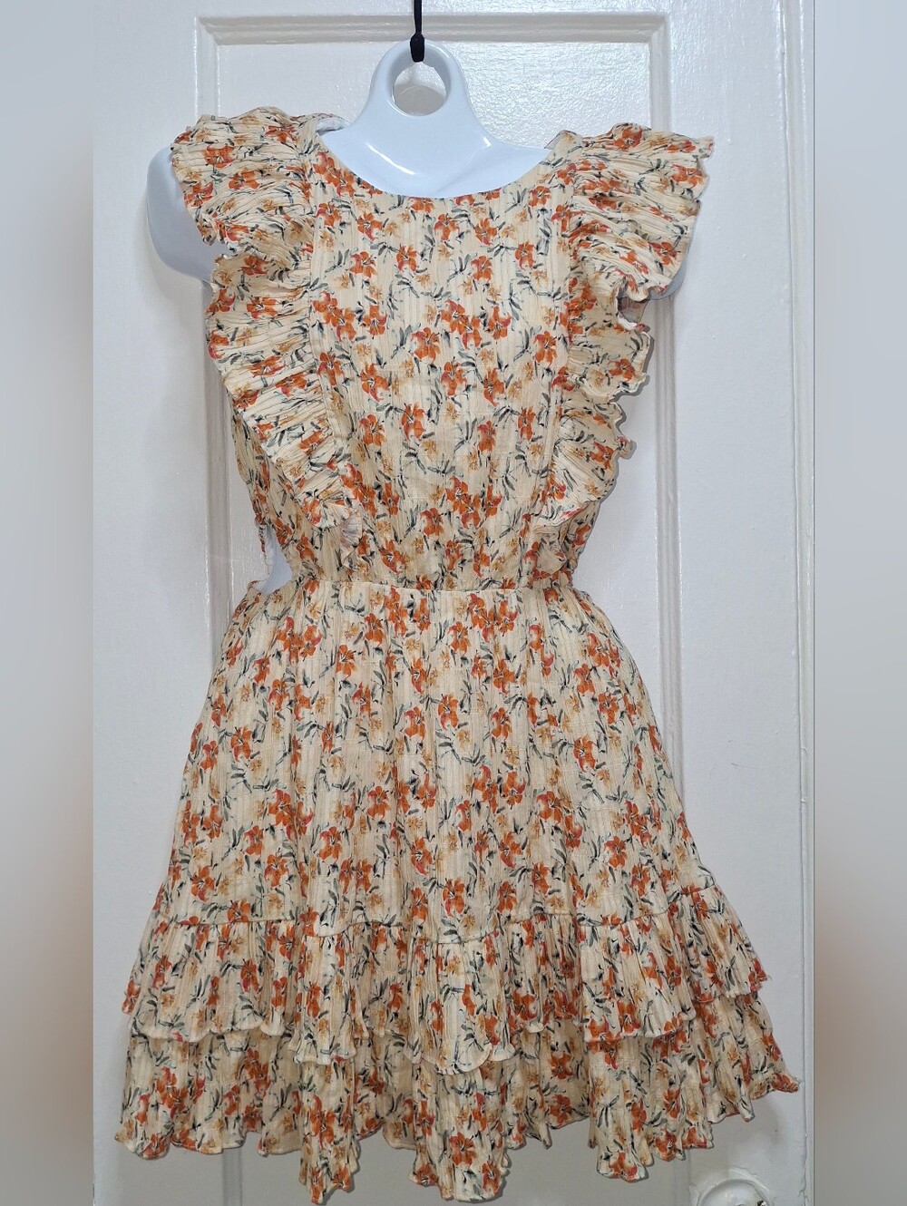 MINKPINK Floral Ruffle Mini Dress Side Cutout Cream Orange Size S NWT - Picture 3 of 17